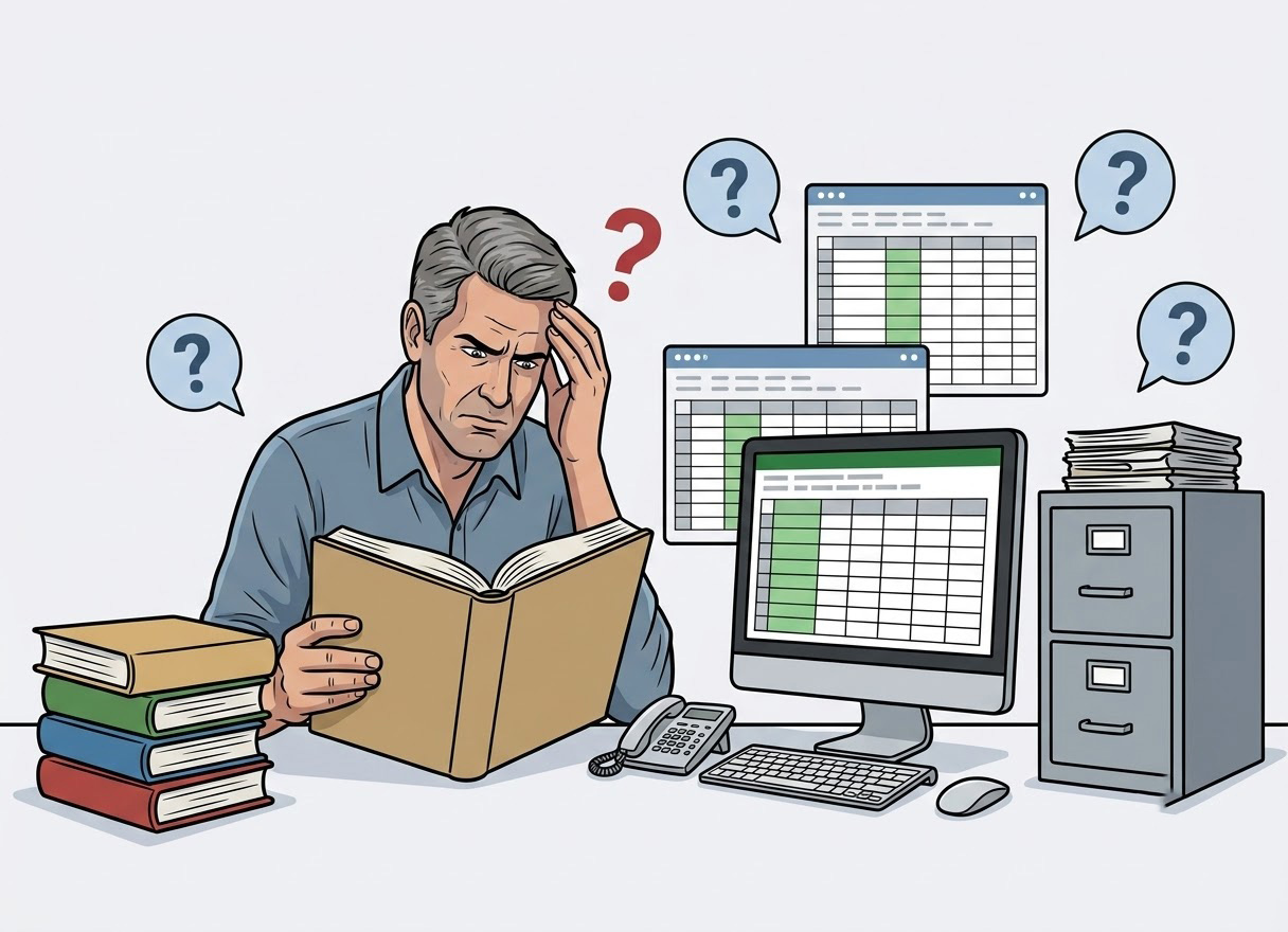 Frustrated project manager overwhelmed by spreadsheets, paperwork, and subcontractor compliance tasks