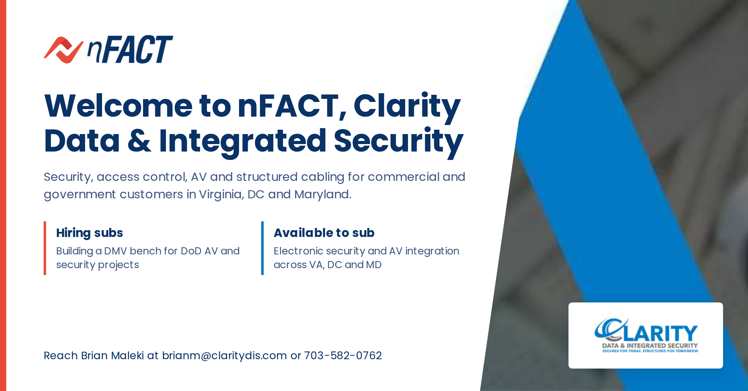 Clarity Data & Integrated Security Joins nFACT to Build Its Subcontractor Bench in the Washington, DC Region